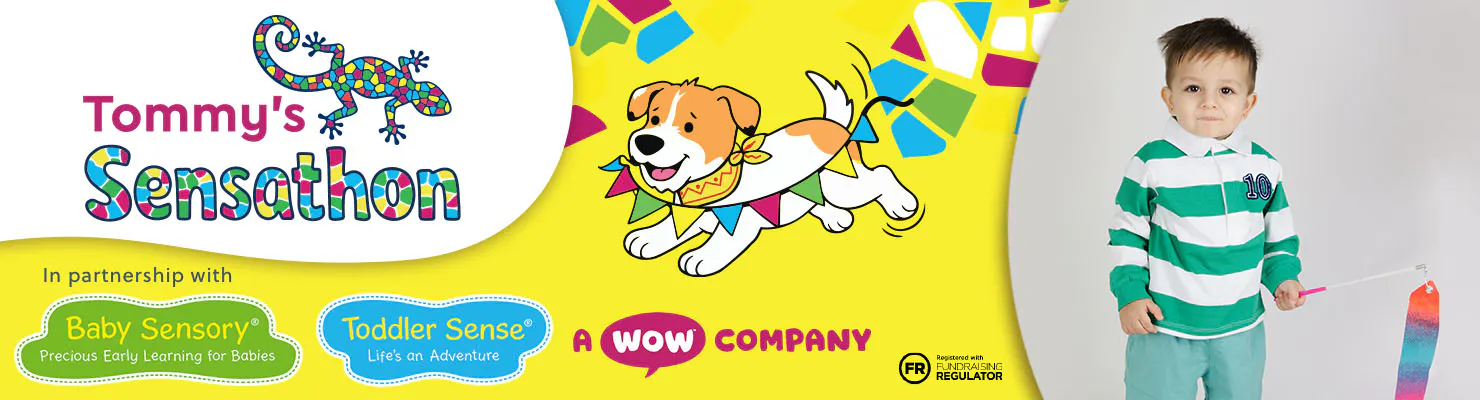 Bright “Tommy’s Sensathon” banner with a colourful gecko logo, playful cartoon dog, partner logos, and a child holding a rainbow sensory ribbon on a vibrant yellow background.