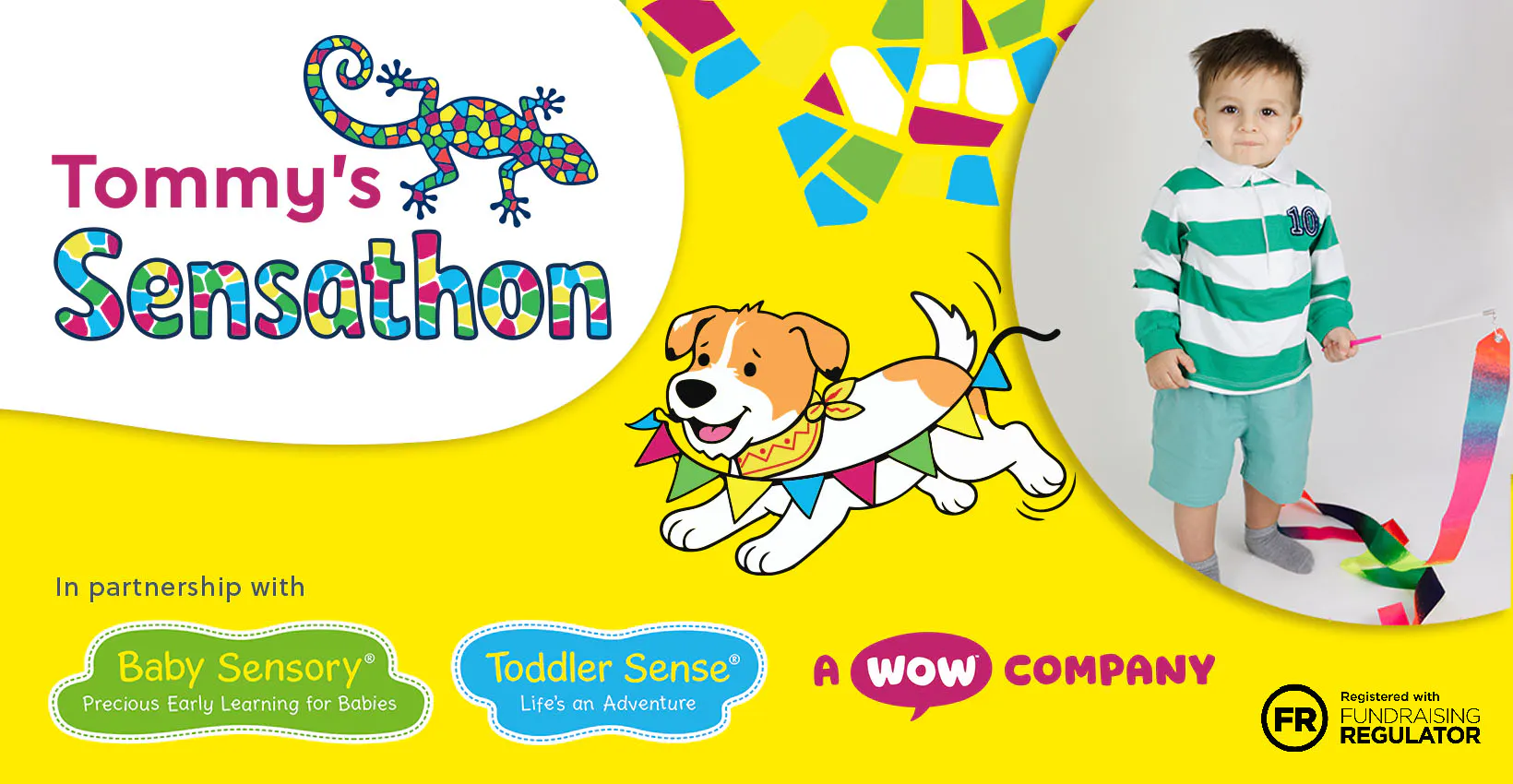 Bright “Tommy’s Sensathon” banner with a colourful gecko logo, playful cartoon dog, partner logos, and a child holding a rainbow sensory ribbon on a vibrant yellow background.