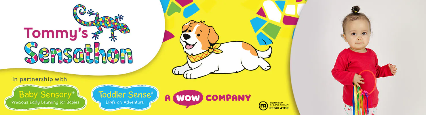 Bright “Tommy’s Sensathon” banner featuring a colourful gecko logo, playful cartoon dog, partner logos, and a toddler holding multicoloured sensory ribbons on a vibrant yellow background.