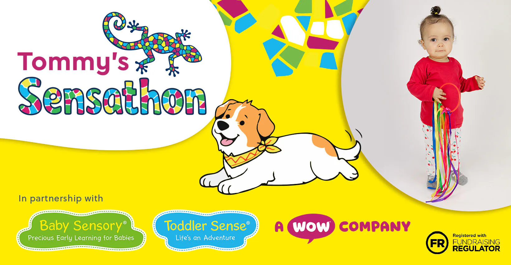 Bright “Tommy’s Sensathon” banner featuring a colourful gecko logo, playful cartoon dog, partner logos, and a toddler holding multicoloured sensory ribbons on a vibrant yellow background.