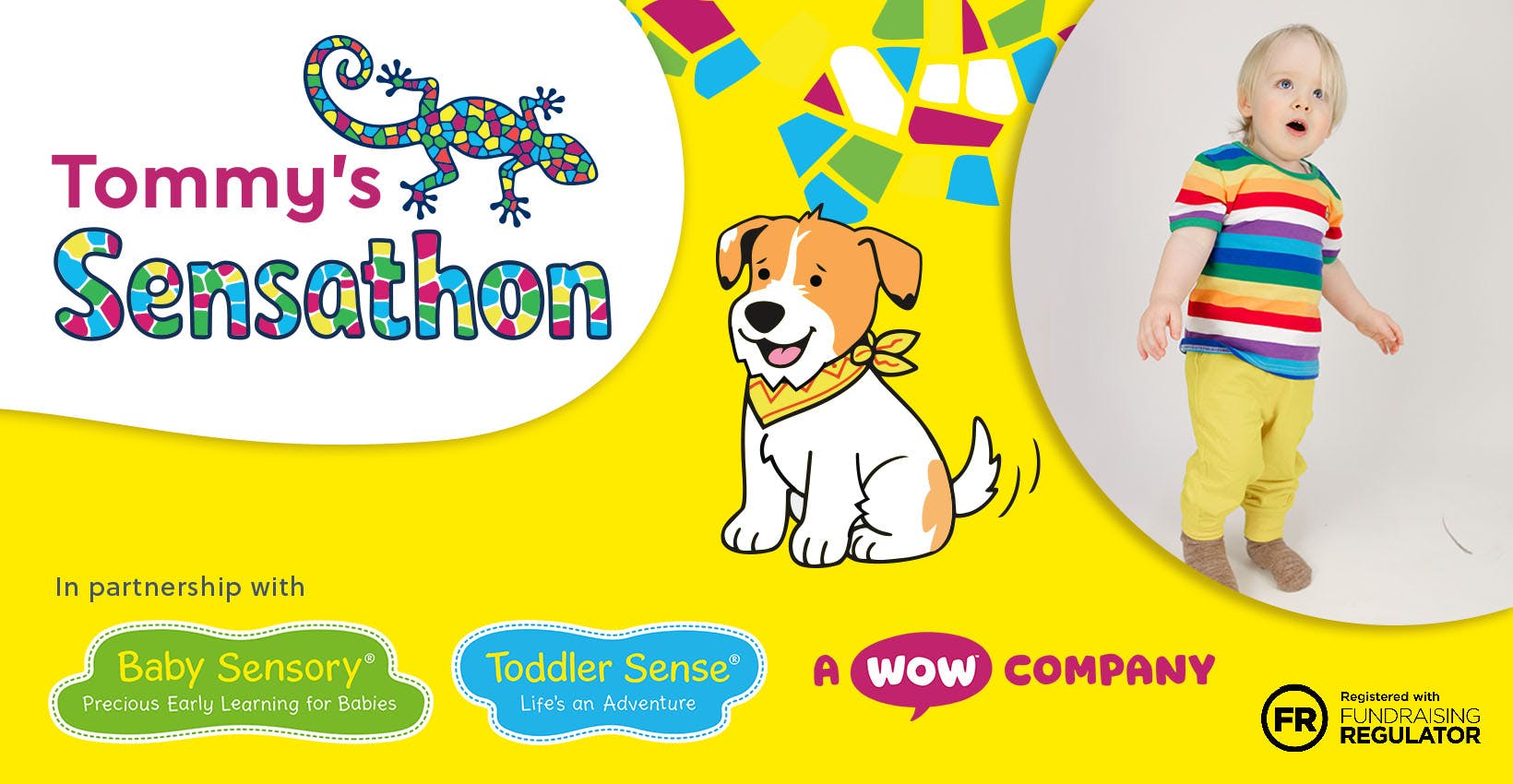 Bright “Tommy’s Sensathon” banner featuring a colourful gecko logo, a playful cartoon dog, partner logos, and a toddler wearing a rainbow‑striped top on a vibrant yellow background.