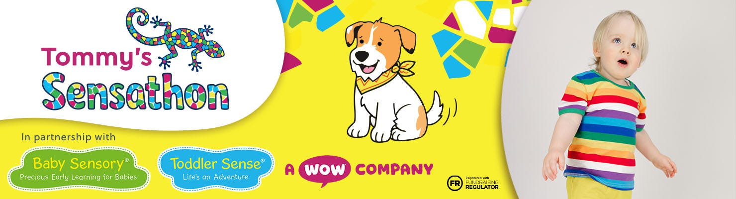 Bright “Tommy’s Sensathon” banner featuring a colourful gecko logo, a playful cartoon dog, partner logos, and a toddler wearing a rainbow‑striped top on a vibrant yellow background.