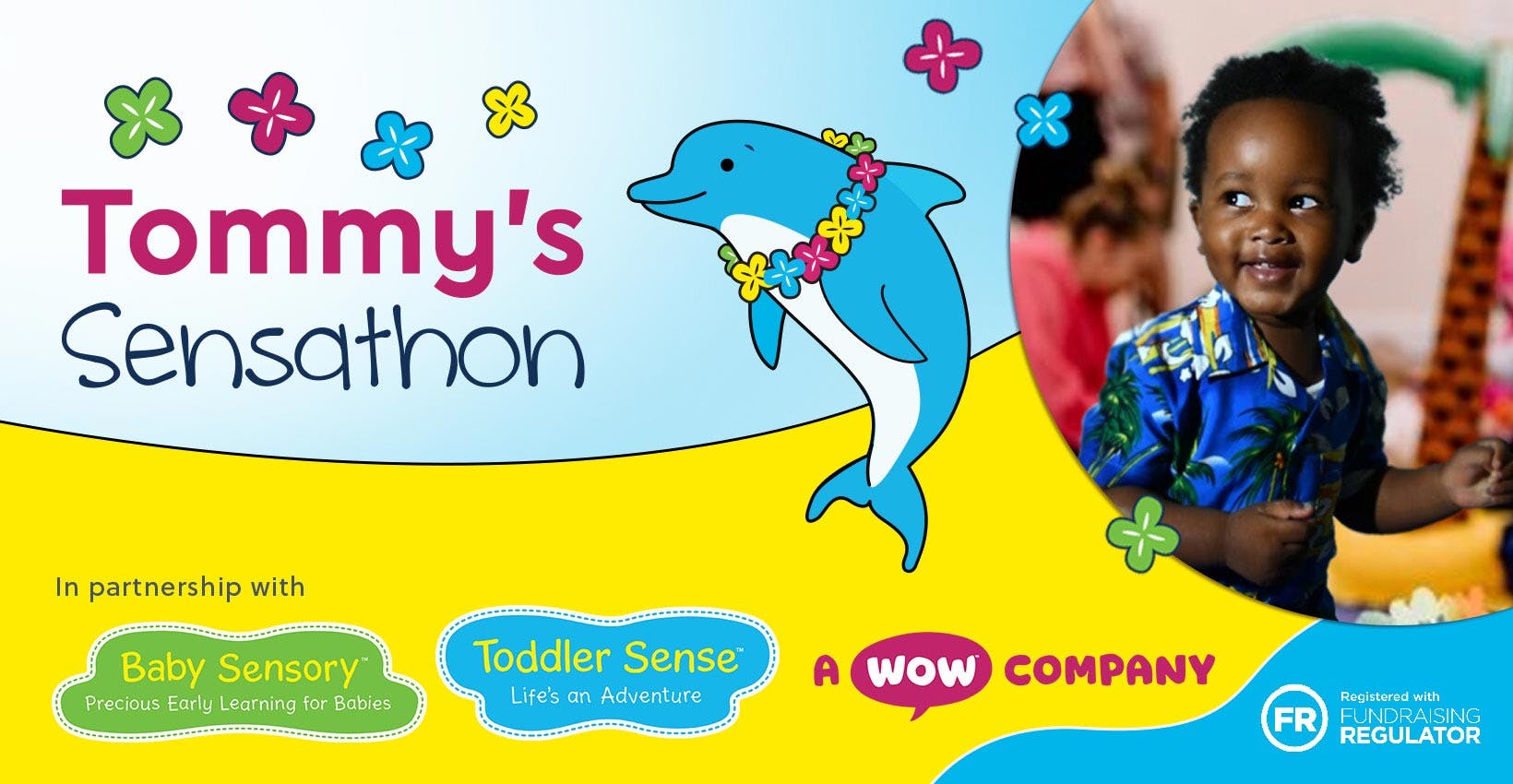 Tommy's Sensathon -  dolphin illustration and baby in hawaiian theme