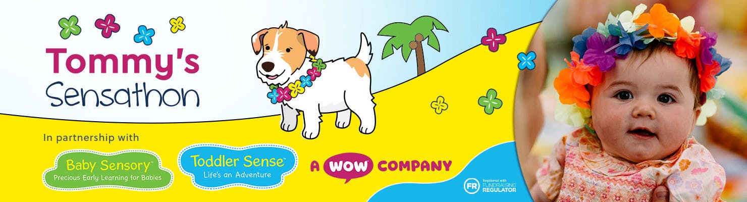 Tommy's Sensathon -  dog illustration and baby in hawaiian theme
