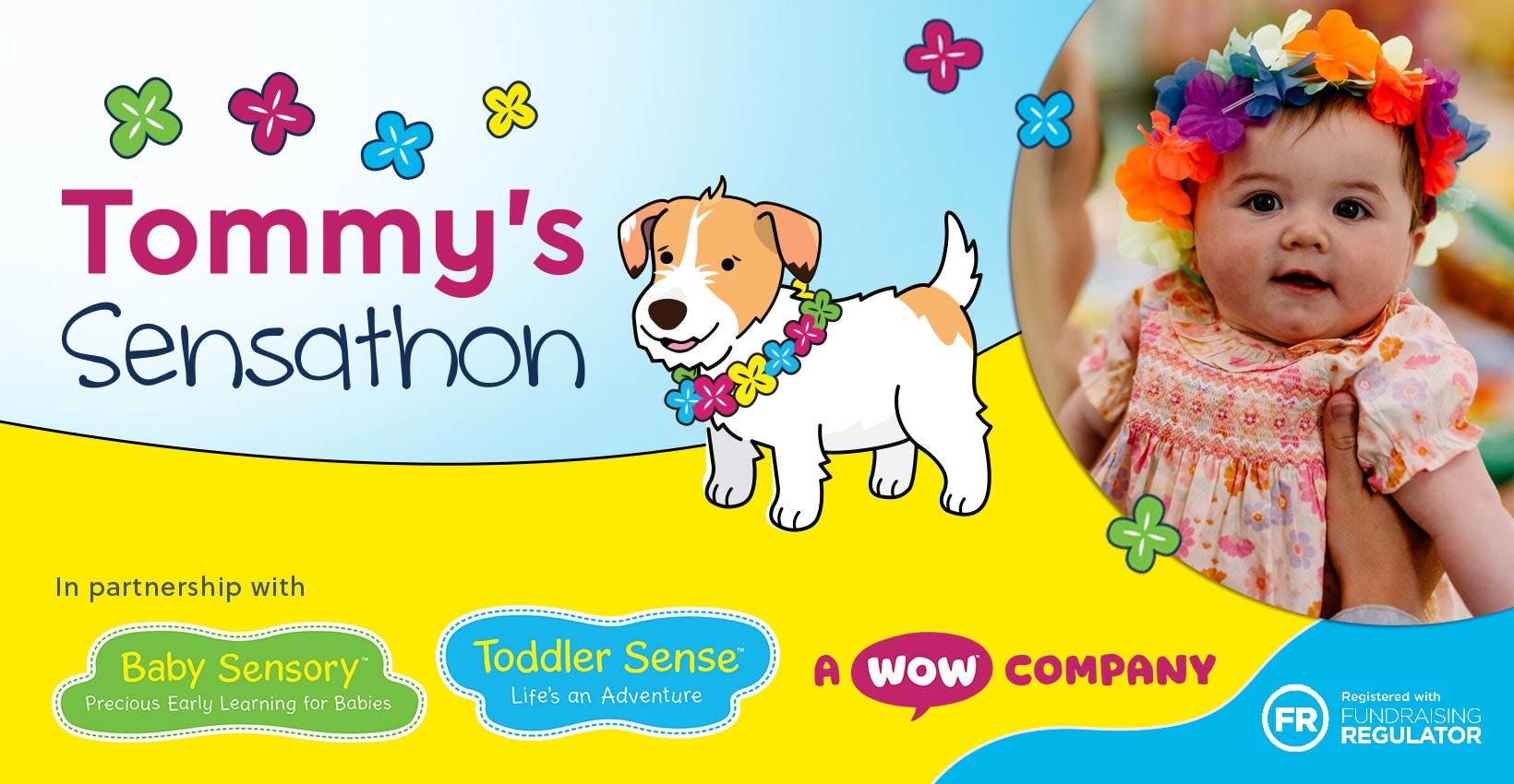 Tommy's Sensathon -  dog illustration and baby in hawaiian theme