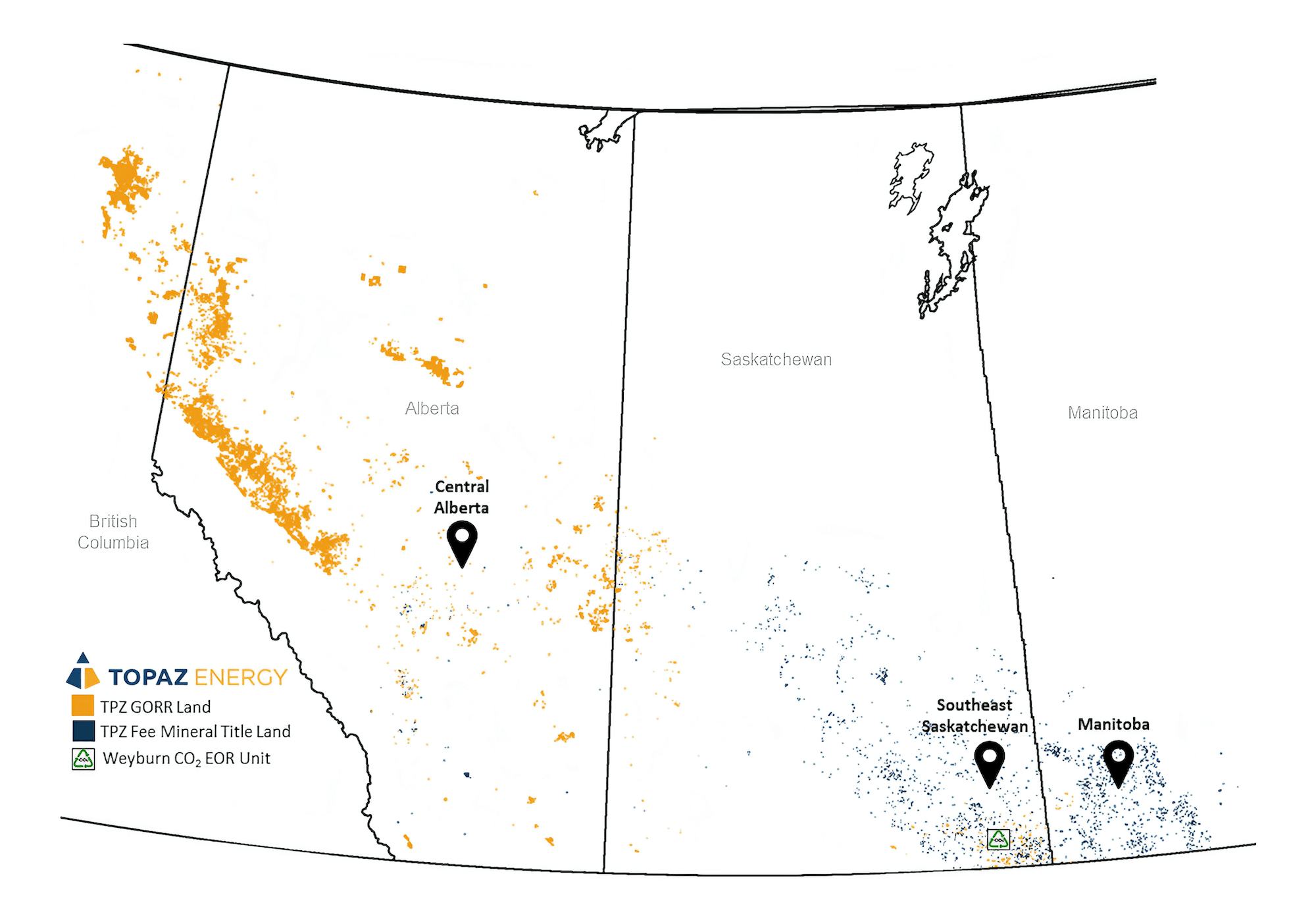 A map of Topaz lands in Alberta, Saskatchewan, and Manitoba