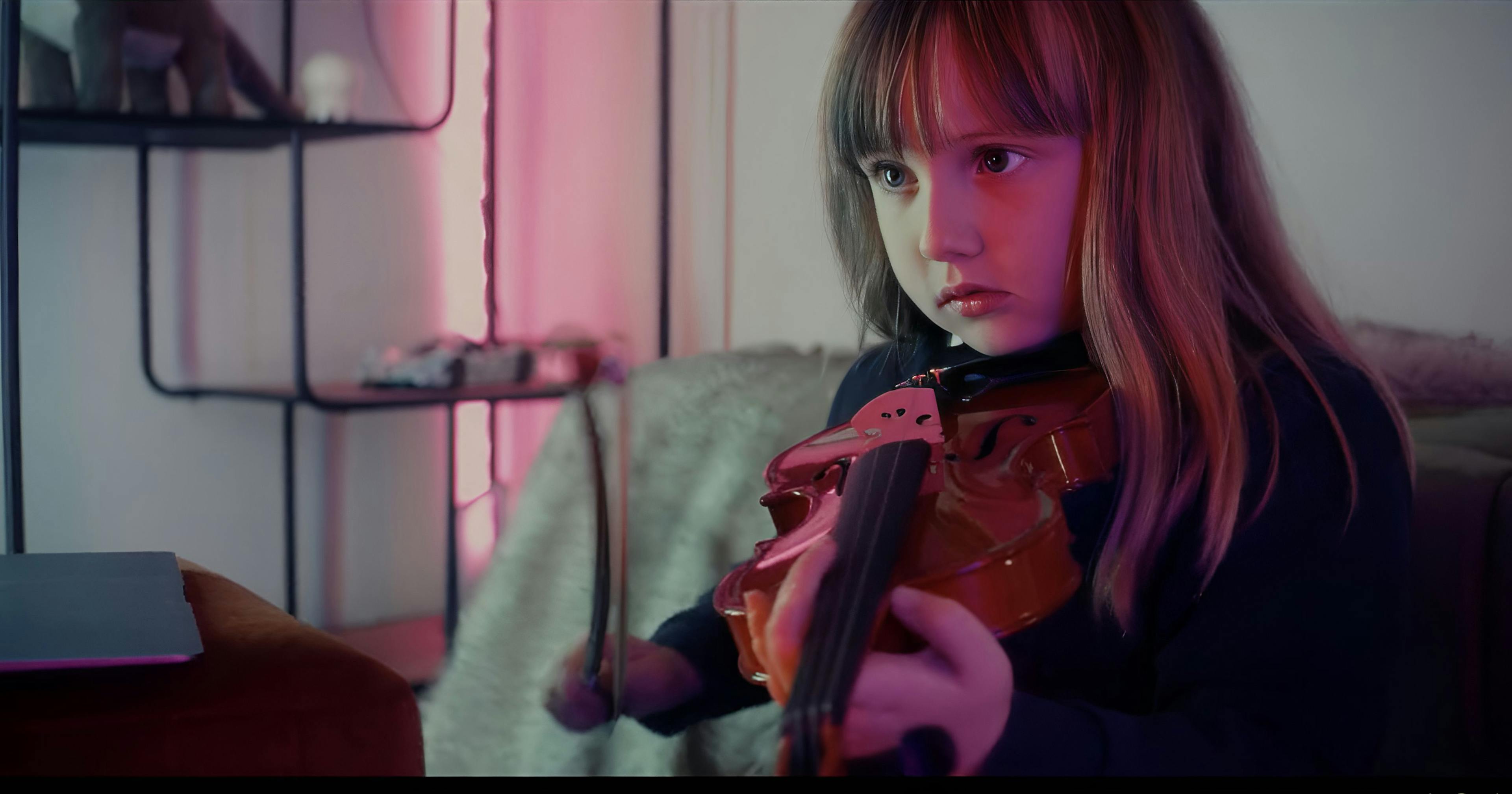 girl learning violin in living room online