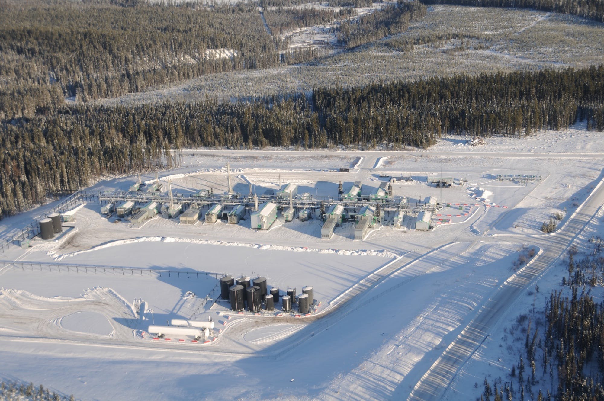 An aerial view of the Banshee Gas Plant during winter.