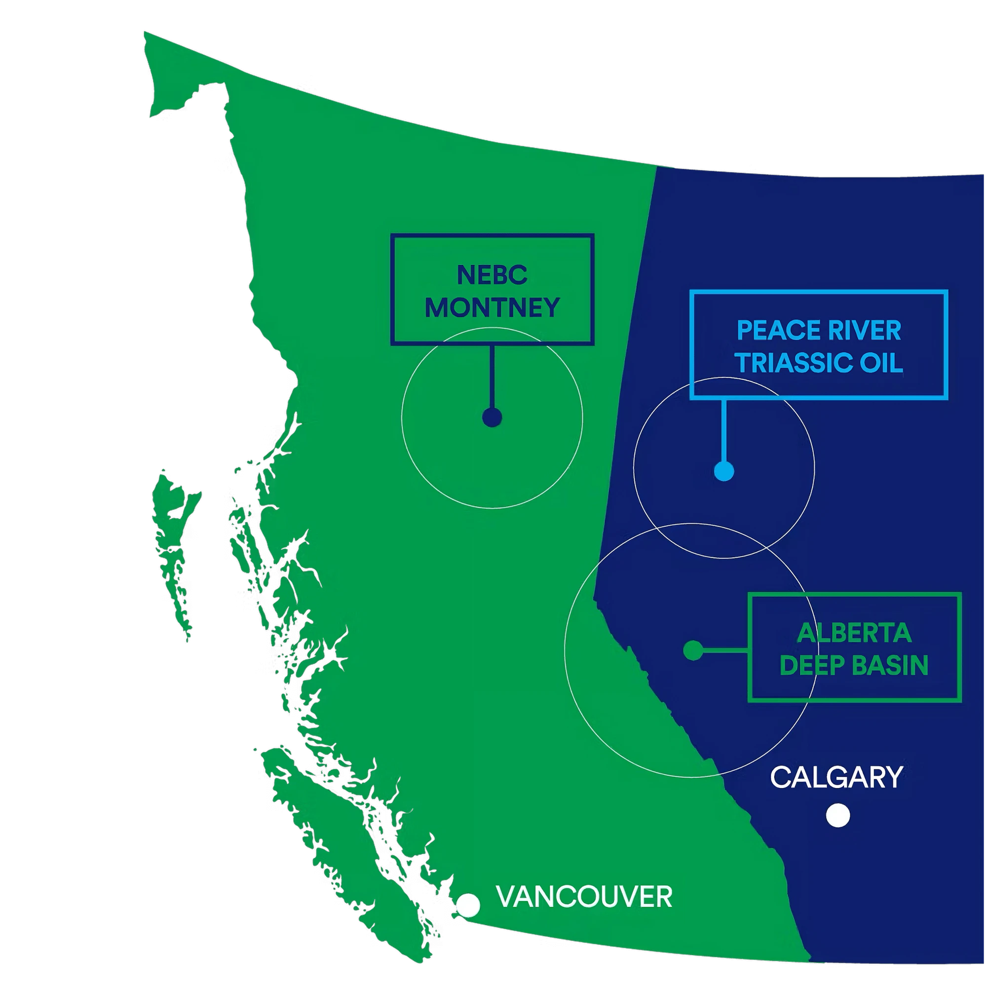 A map of Tourmaline's operations in British Columbia and Alberta, on a transparent background with some padding to the left-hand-side.