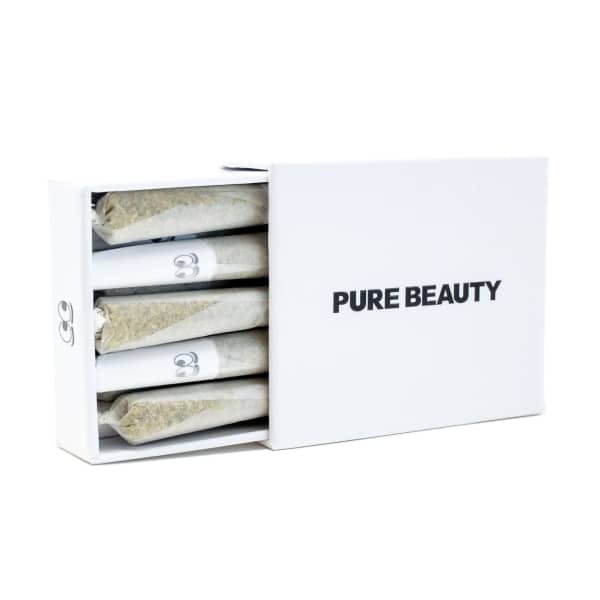 A cute carton of pre-rolls that read "PURE BEAUTY" with little googly-eye emojis.