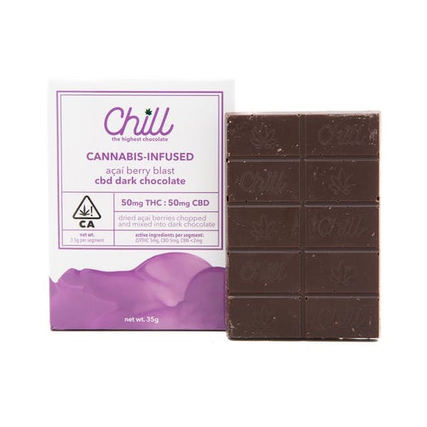 Chill's cannabis-infused chocolate bar in Açai Berry blast flavor. 