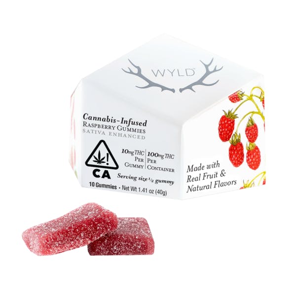 WYLD's cannabis-infused gummies with real raspberry fruit, displayed in iconic prism-like packaging. 