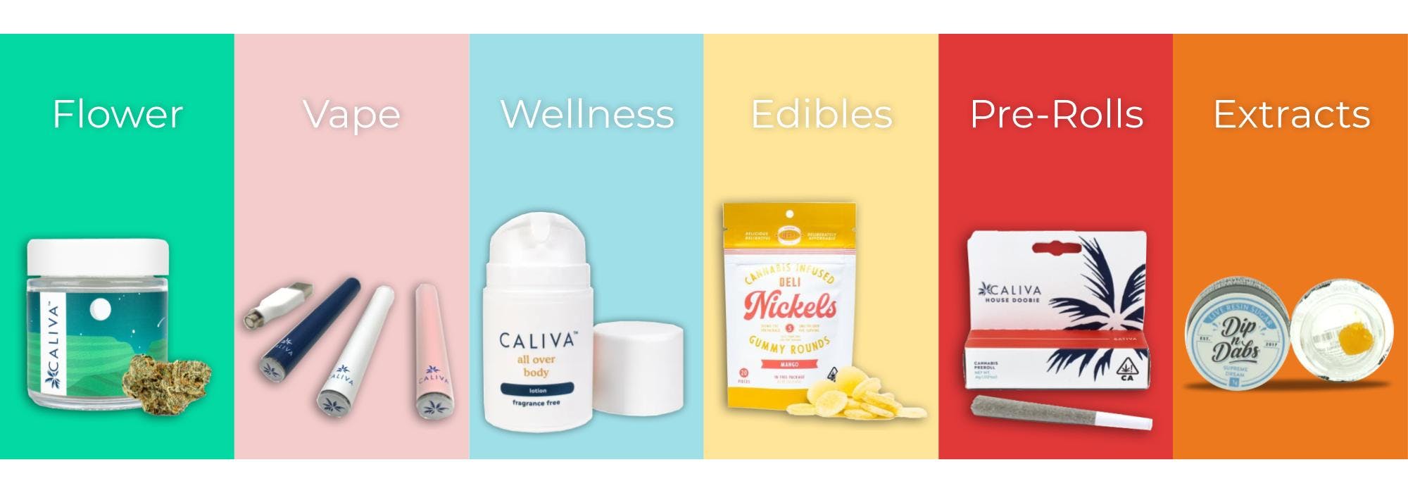 Caliva offers a wide range of popular products including flower, vapes, wellness products, edibles, pre-rolls, and extracts.