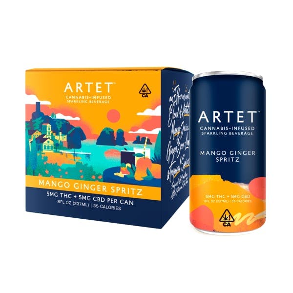 One can of Artet's mango ginger spritz displayed in front of the 4-pack, colorfully decorated.