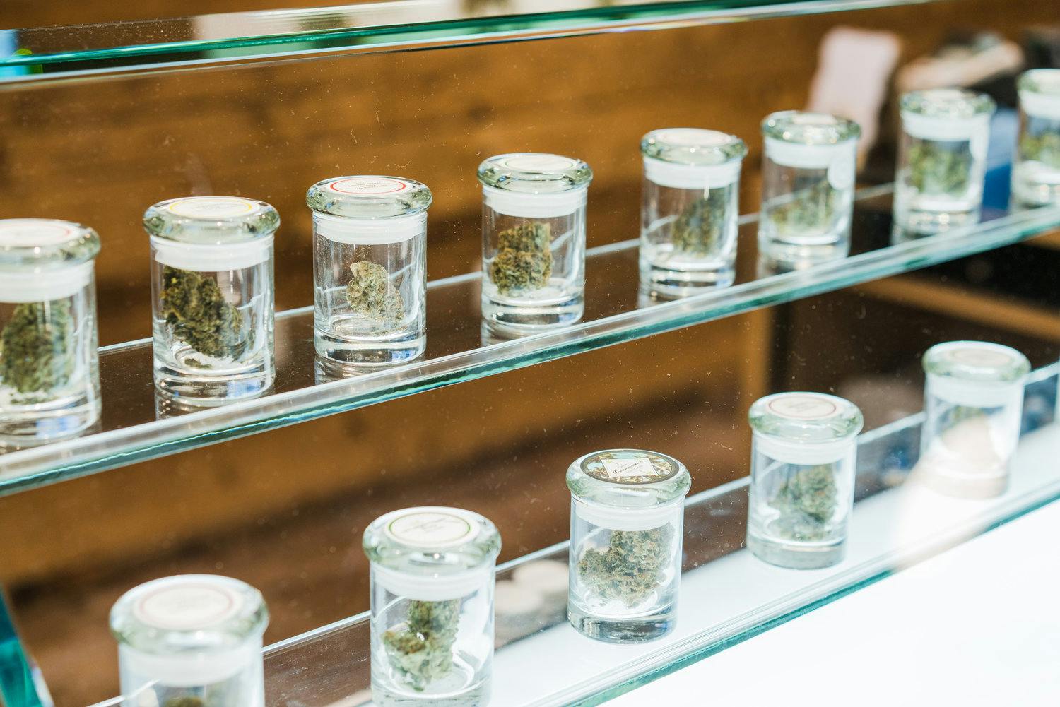 Shelf of cannabis jars 