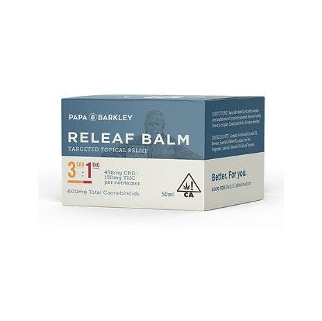Papa & Barkley's Releaf Balm with 3:1 CBD to THC for maximum soothing of aches and pains.