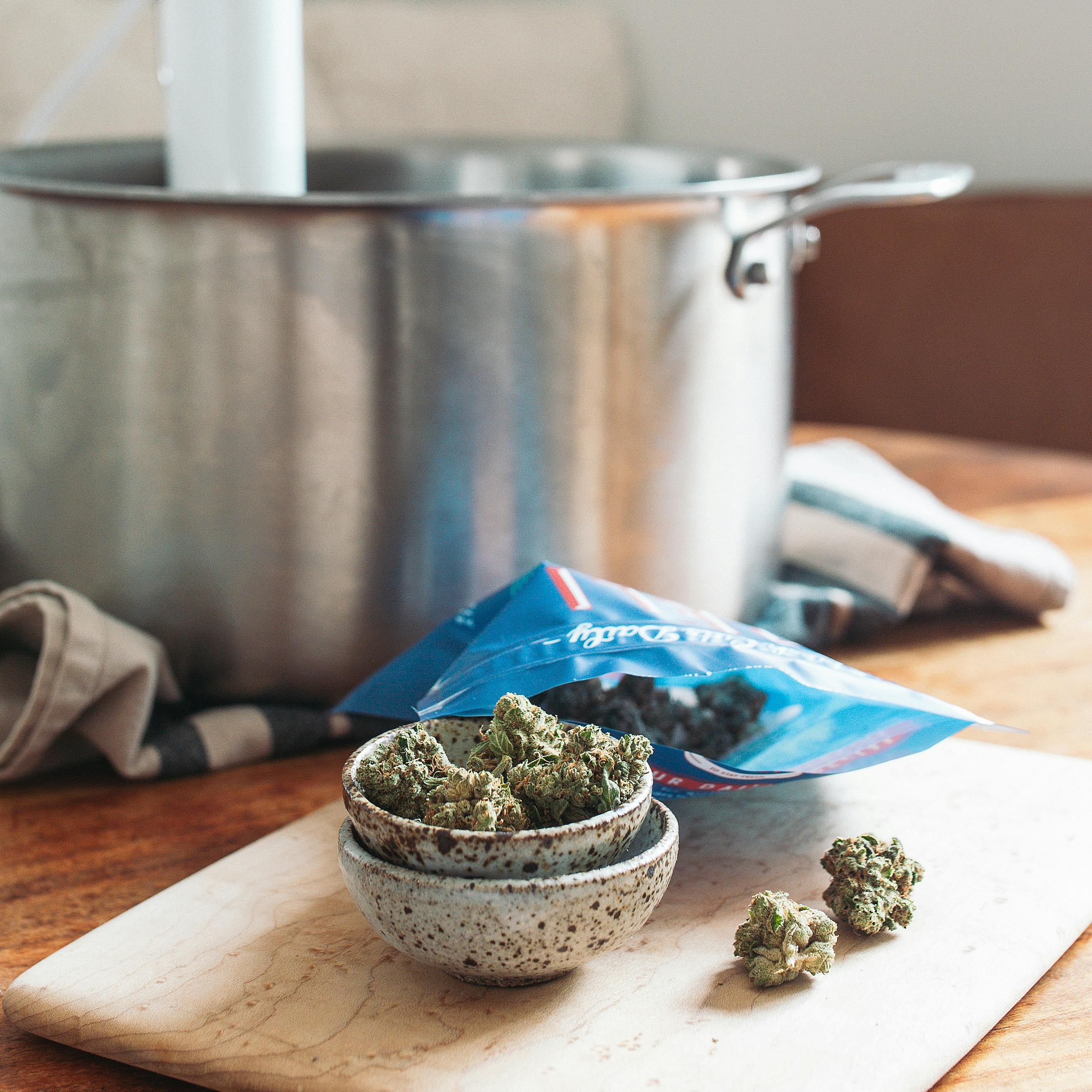 DELI cannabis flower in a small bowl getting ready to be put in the sous vide.