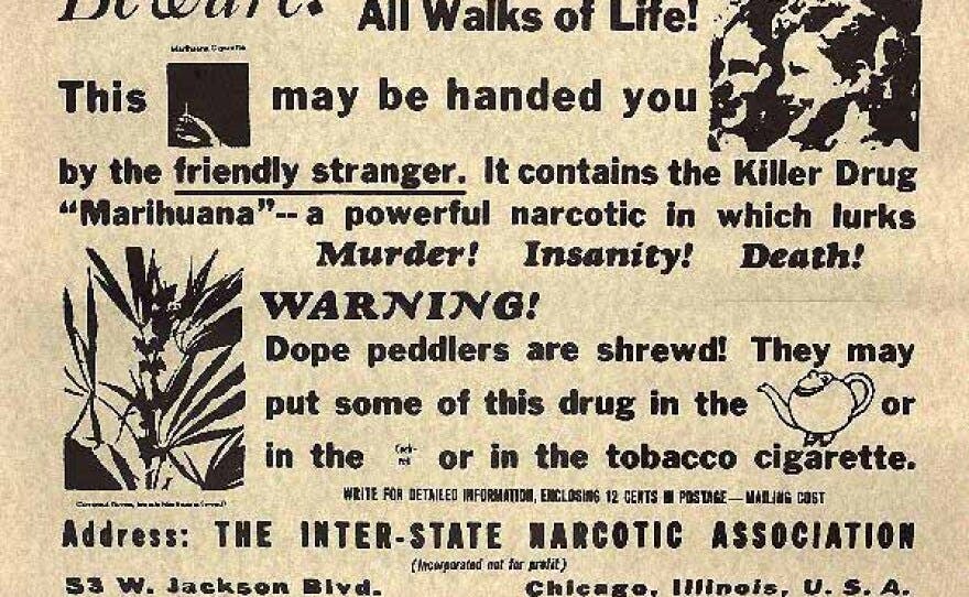 A flier from 1935 depicting "marijuana" hysteria.