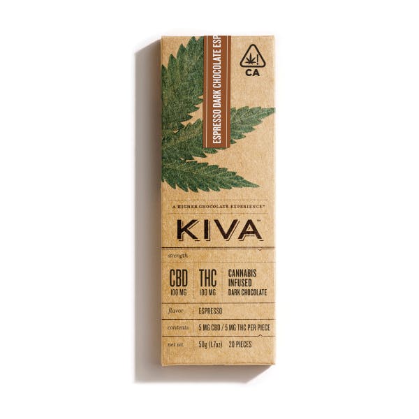 Wrapped Kiva dark chocolate bar in espresso 
