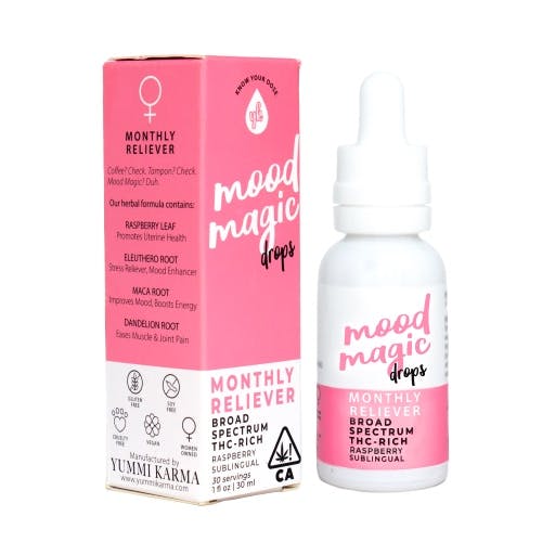 One pink box and tincture bottle of Mood Magic monthly reliever drops from Yummy Karma. 