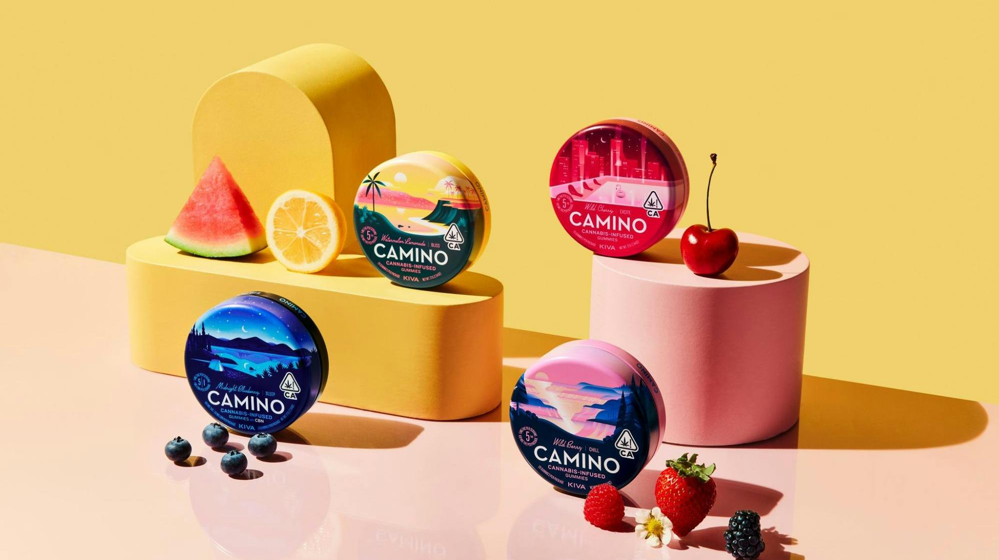 Kiva camino gummies packaged and arranged on top of 3D geometric shapes with fruits surrounding them 