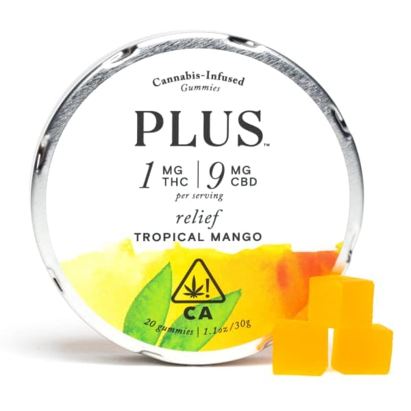 A round container of PLUS dummies in tropical mango flavor, promising "relief" with 9:1 CBD to THC.