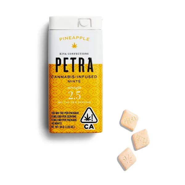 Kiva's Petra mints: cannabis-infused mints at 2.5mg each, in pineapple flavor.