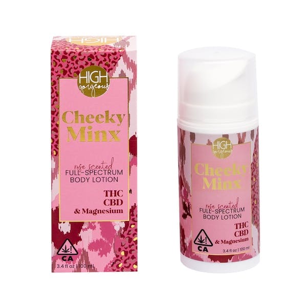 An airless pump of Cheeky Minx body lotion from High Gorgeous, infused with THC, CBD, and magnesium to soothe sore muscles. 