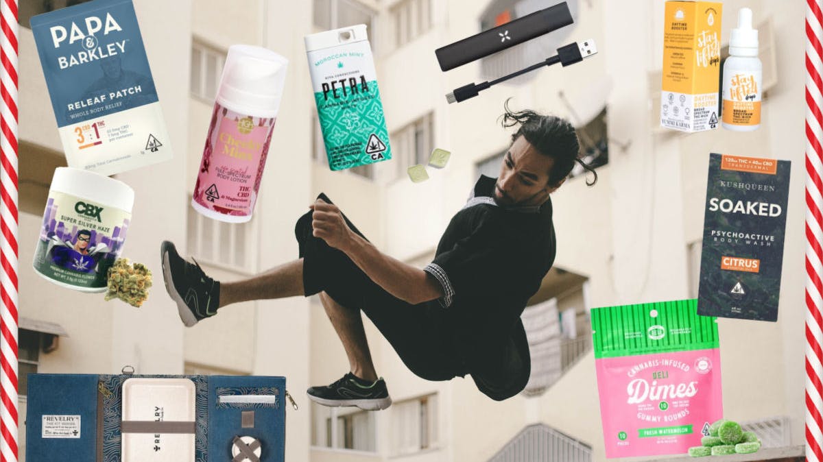A man engaging in parkour, mid-air, surrounded by incredible exercise boosting cannabis products from Caliva. 