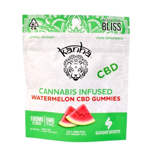 Kanha's cannabis infused gummies in watermelon flavor, with 100mg CBD and 5mg THC.