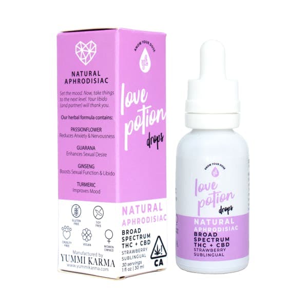 Product photo of Yummi Karma's Love Potion drops - a natural aphrodisiac tincture with broad spectrum THC and CBD - strawberry flavored. 