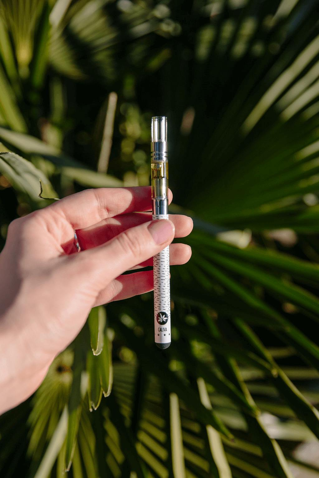 A woman holding a vape pen from Caliva. 