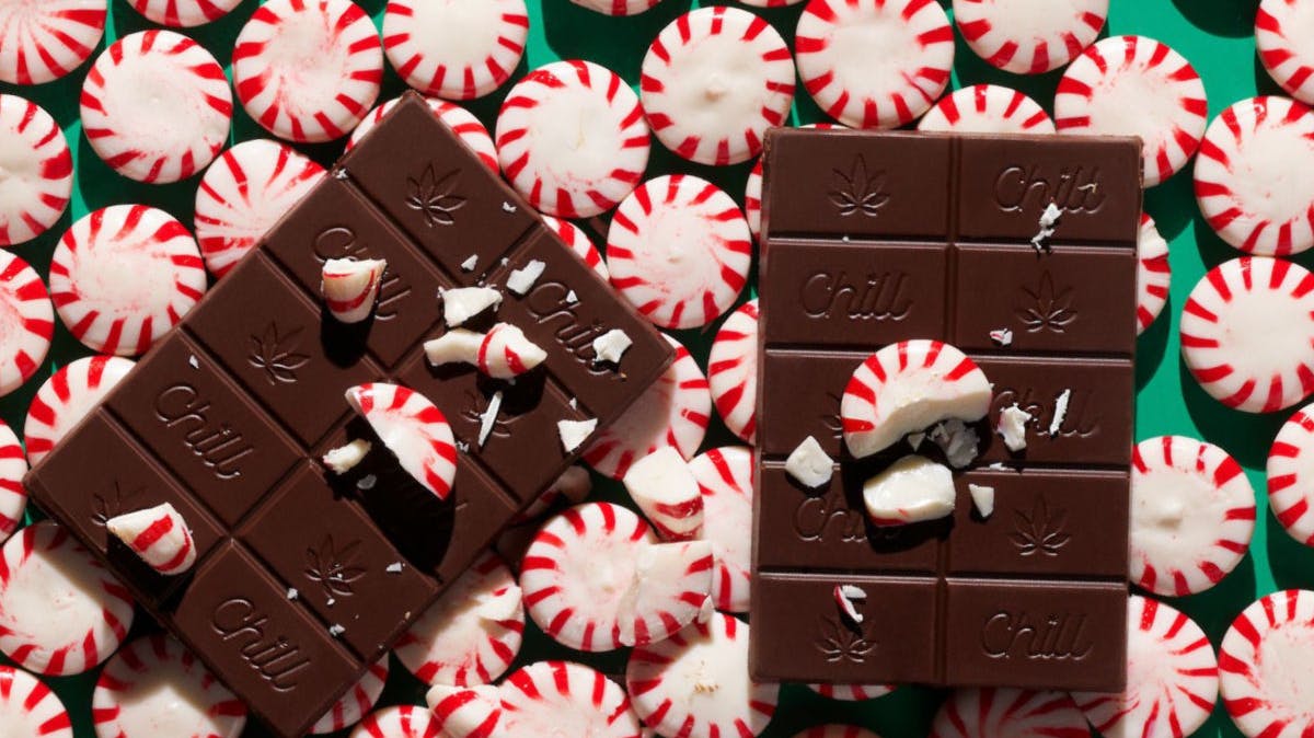 Two Chill chocolate bars chillin in a bed of peppermint mints. 