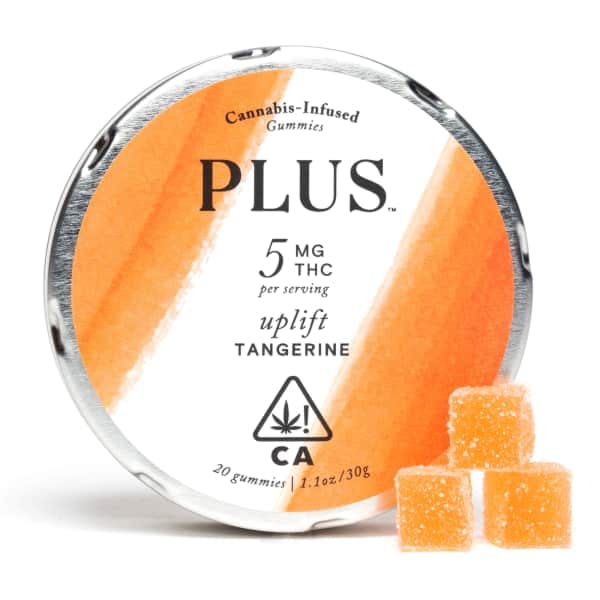 A tin of PLUS gummies in Uplift Tangerine, with 5mg THC each. 