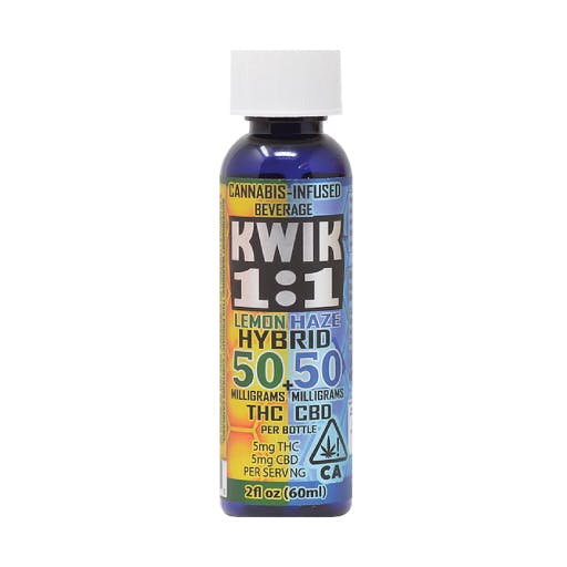 Kwik's 1:1 Hybrid beverage with 50mg THC and 50mg CBD in Lemon Haze. 