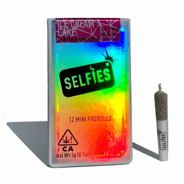 A pack of Selfies pre-rolls packed with Ice Cream Cake flower, wrapped in holographic rainbow packaging.