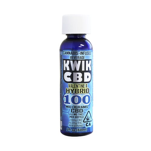 A blue bottle that reads "Kwik CBD Valentine X" with Hybrid 100mg CBD and 2mg THC. 