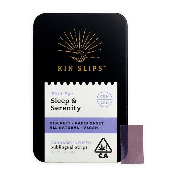 A tin of sublingual slips promising Shut Eye from Kin Slips. 