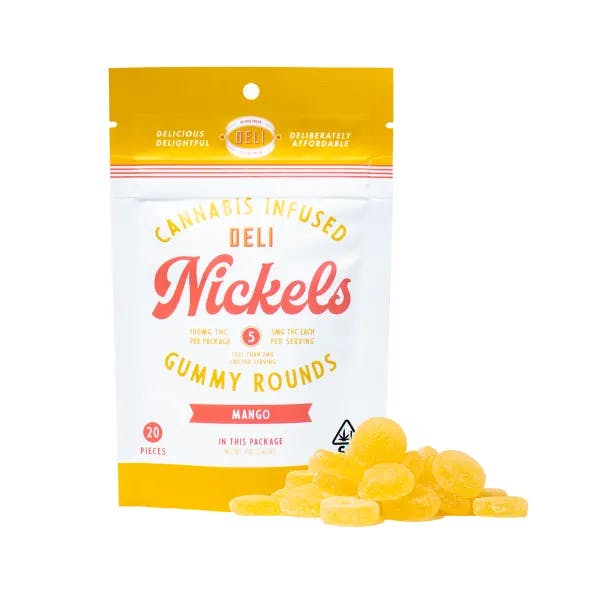 Deli Nickels infused gummy rounds in Mango flavor. 