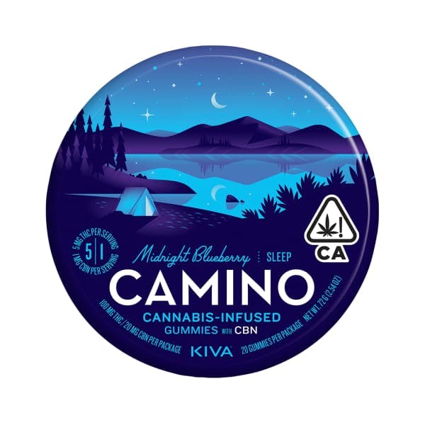 A tin of Kiva Camino gummies in Midnight Blueberry, with a stylish illustration of nighttime in the outdoors in a tent under the stars.