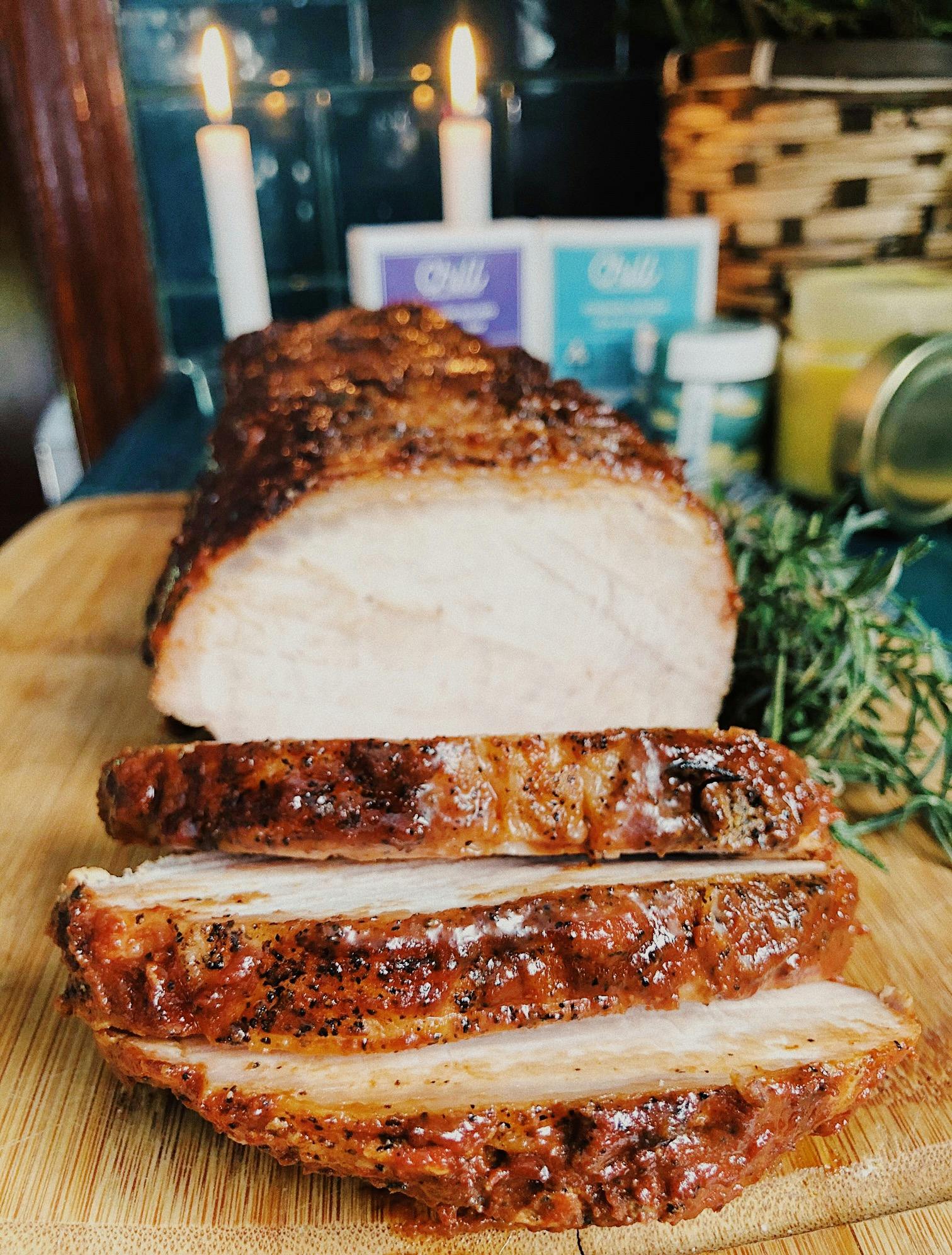 Cannabis-infused pork loin roast with chocolate barbecue sauce