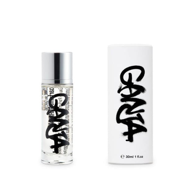 A glass bottle of graffiti-writing that says Ganja: Comme des Garcons' recent subversive scent. 