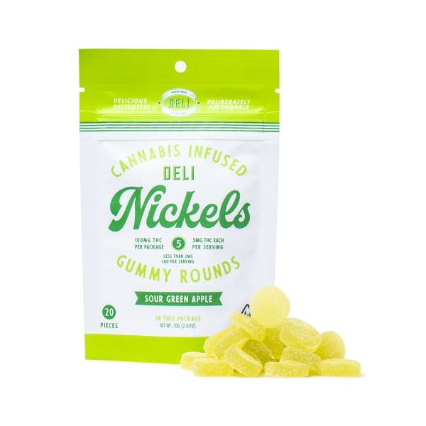 Bag of Deli Nickels Gummy Rounds in Sour Green Apple flavor. 