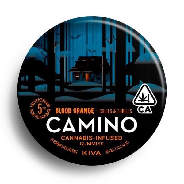 Kiva Camino cannabis infused gummies in blood orange flavor, part of their Chills & Thrills collection.