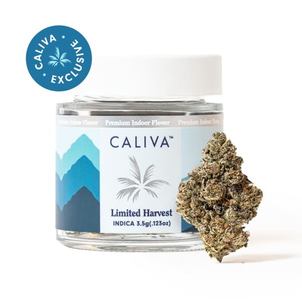 A jar of Caliva's Limited Harvest: An eighth of Hibachi flower, the nug on full display.