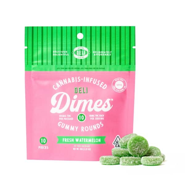 Our first pick: Deli Dimes' Fresh Watermelon Gummy Rounds in eye-catching green and pink packaging.