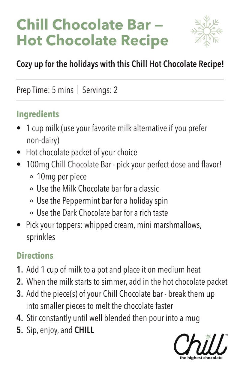 A recipe card of a hot chocolate recipe, featuring Chill chocolate bars. 