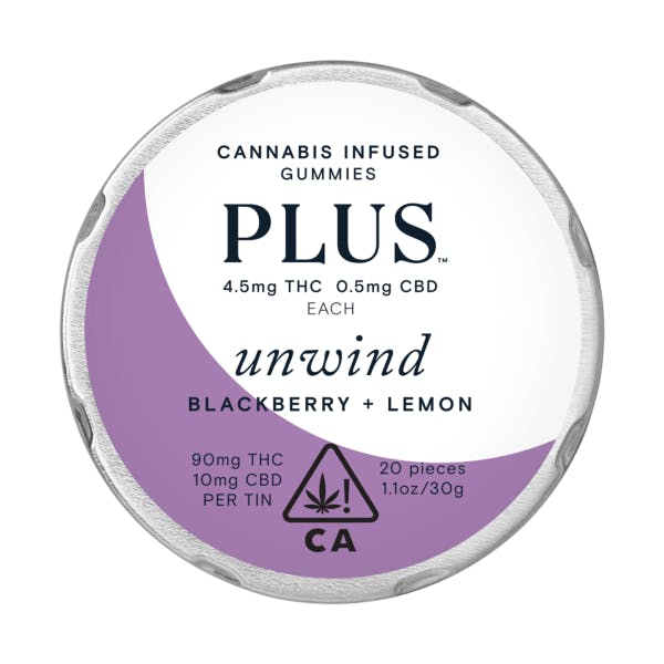 A container of Plus Gummies Unwind Blackberry Lemon