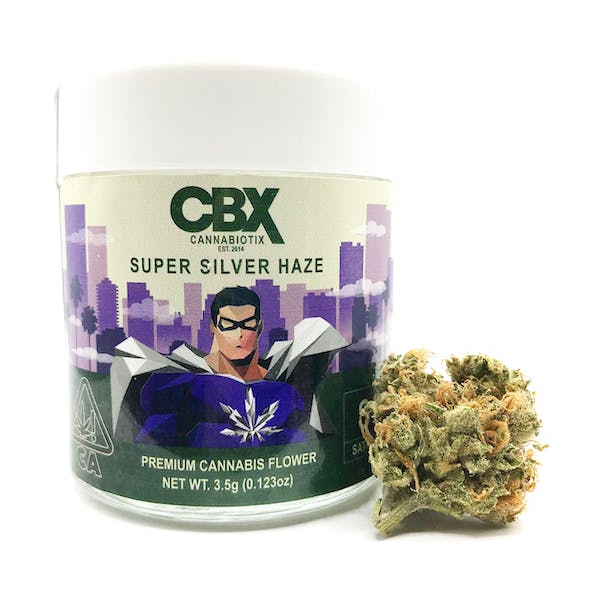 A canister of Super Silver Haze flower from Cannabiotix (CBX) feature a superman illustration.