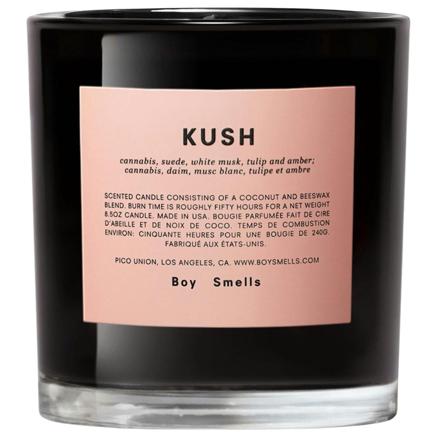 Boy Smells' Kush candle, in a black glass tumbler with a pink minimal label. 